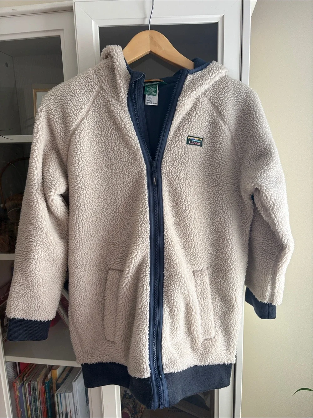 L.L. Bean Cream Sherpa Zip-Up Hoodie with Navy Accents